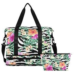 Tropische Blume Zebra Reisetasche für Damen Herren Turnbeutel mit Schuhfach Nassfach Handgepäck Wochenender Übernachtung Taschen für Flugreisen unter dem Sitz, Mehrfarbig, Large von MCHIVER