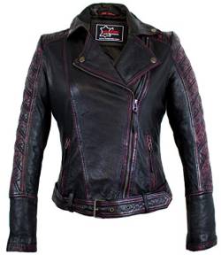 MDM Damen Biker Lederjacke aus echtem Leder in schwarz mit roten Applikationen (36) von MDM