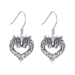 Damen Drachen Hängend Ohrringe 925 Sterling Silber Keltischer Knoten Herz Drachen Ohrringe Drachen Schmuck Geschenke für Frauen Mädchen Unisex von MEDWISE