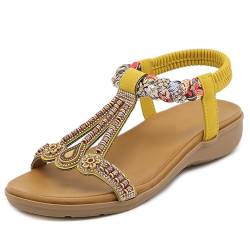 2024 Neu Sandalen Mit Strasssteine ​​+ Perlen Damen Freizeit Flache Sandaletten Mit Blumendruck Vintage Römische Sandals Böhmen Strandschuhe Sommer Peep Toe Hausschuhe(Yellow,41 EU) von MEECHI