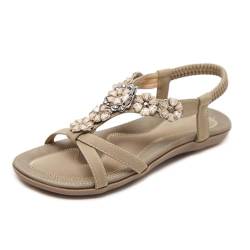 Damen Flache Sandalen 2024 Neu Sandaletten Mit Strassblumen Sommer Peep Toe Pantoffeln PU-Leder Römische Sandals Freizeit Boho Strandschuhe(Beige,37 EU) von MEECHI