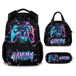 MEETUHONEY Gaming-Rucksack mit Lunchbox – 3er-Set Schulrucksäcke passende Kombination für Jungen – ästhetische schwarze Büchertasche und Federmäppchen Bundle von MEETUHONEY