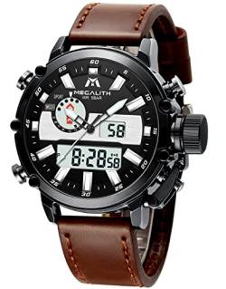 MEGALITH Herren Uhr Digital Armbanduhr: Lederarmband Braun Multifunktions Sportlich Digitaluhr LED - Analog Quarz Uhr fur Männer von MEGALITH