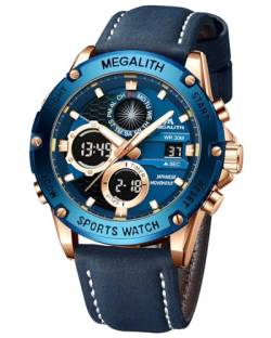 MEGALITH Herren Uhr Digital Armbanduhr: Wasserdicht Wecker Sport Herrenuhr Leder Blau - Outdoor Männer Digitaluhr Groß von MEGALITH