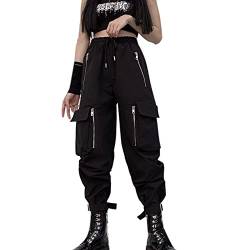 MEINVQIAOTI Schwarze Cargohose für Damen, lockere Kettenhose, mehrere Taschen, Multi-Reißverschluss, Punk, Gothic-Hose, Schwarz, X-Groß von MEINVQIAOTI