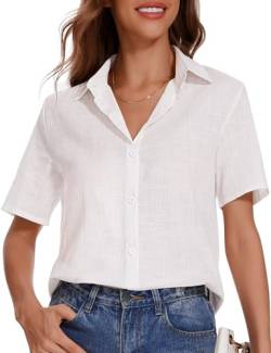 MELLIEX Bluse Damen Lässiges Button-Down Kurzarm Hemdbluse Sommer V-Ausschnitt Leinenbluse Solide Blusenshirt Elegant Oberteile von MELLIEX