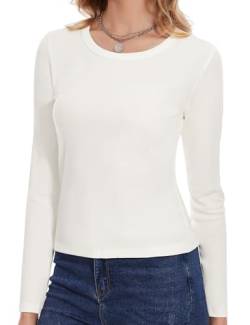 MELLIEX Shirt Damen Langarm, Rundhals Long Sleeve Ribbed Top Elegant Slim Fit Basic Oberteile, Weiß von MELLIEX