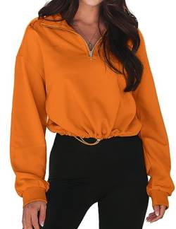 MEROKEETY Damen-Sweatshirt mit Viertelreißverschluss, langärmelig, Stehkragen, Kordelzug, lässiger Pullover, Orange/Abendrot im Zickzackmuster (Sunset Chevron), S von MEROKEETY