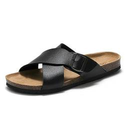 MGGMOKAY Herren Pantoletten Leder Kork-Sandalen Bequem Mit Verstellbarer Rieme,Schwarz,40 von MGGMOKAY