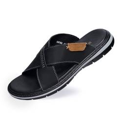 MGGMOKAY Herren Pantoletten aus Naturleder, Bequem Leicht Kreuz Sommer Sandalen,Casual Zehentrenner Herren,Schwarz,41 von MGGMOKAY