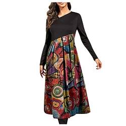 Damen Kleider Elegant,Lange Kleider Damen Elegant Damen Kleider Kurz Boho Brautkleid Vintage Damen Herbst Und Winter Casual Slim Langarm Langes Bedrucktes Kleider Kurze Brautkleider ße Größ(Rot,XXL) von MICKURY