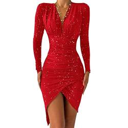 MICKURY Kleider Festlich Langarm Damen Cocktail Vintage Kleid Kleider Sexy Elegant Midi Brautkleid Glitzer Festliche Kleider Für Damen Grün Kleider Grosse Grössen(Rot-2,S) von MICKURY