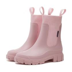 MIEHUIAI Gummistiefel Damen Halbhohe Regenstiefel Ankle Chelsea Boots Wasserdicht Gartenschuhe Rain Boots Stiefeletten mit rutschfest Sohle(Rosa,40 EU) von MIEHUIAI