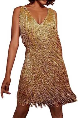 MIMIKRY Tina Turner Fransen Kleid Ocker/Gold Disco Outfit 70s Damen-Kostüm 20er Jahre Charleston Minikleid, Größe:S von MIMIKRY