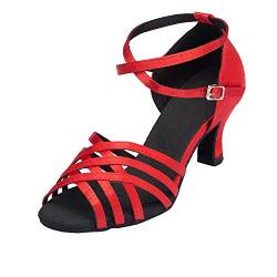 MINITOO Damen Latein Salsa Ausgeschnitten Ankle Strap Rot Satin Tanzschuhe Wedding Sandalen EU 42.5 von MINITOO