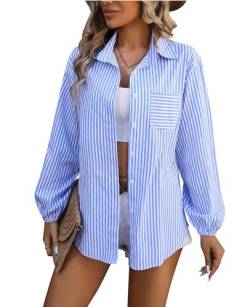MINTLIMIT Damen Gestreifte Button-Down-Shirts Langarm Büro Casual Bluse Tops mit Tasche 2024 von MINTLIMIT