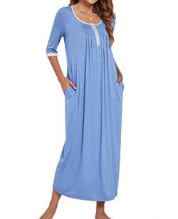 MINTLIMIT Damen Nachthemd Nachtwäsche 3/4 Ärmel Nachtkleid Sleepshirt Henley Knöpfen Rundhals mit Taschen,Dodgerblau,M von MINTLIMIT