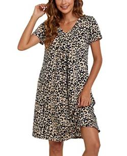 MINTLIMIT Damen Nachthemd Nachtwäsche Kurzarm V-Ausschnitt Rundhals Nachtkleid Sleepshirt Schlafanzug mit Taschen,Leopard,S von MINTLIMIT