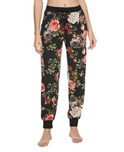 MINTLIMIT Damen Schlafanzughose Pyjamahose Nachtwäsche Hose Lang Freizeithose mit Taschen,Blumen Schwarz,M von MINTLIMIT