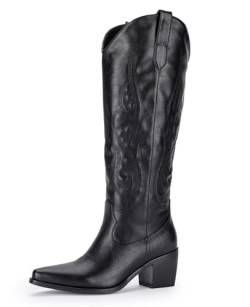 MIRAAZZURRA Cowboy Stiefel Damen Westernstiefel Spitze Zehe Stickerei Cowgirl Stiefel Block Weitschaftstiefel Kniehohe Boots Schwarz EU 37 von MIRAAZZURRA