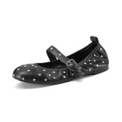 MIRAAZZURRA Flats Damen Flat Ballerinas Bequeme Nieten Roude Zehe mit Riemchen Elegant Flach Schuhe für Freizeit Arbeit Schwarz 35EU von MIRAAZZURRA