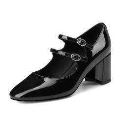 MIRAAZZURRA Damen Pumps Blockabsatz Mary Jane Pump Schuhe Elegant Knöchelriemchen Heel Runde Zehe Lackschuhe mit Schnalle Schwarz 36 von MIRAAZZURRA