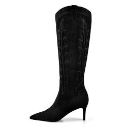 MIRAAZZURRA Kniehohe Stiefel für Damen, Cowboystiefel, spitzer Zehenbereich, Stiletto-Absatz, Westernstiefel, bestickt, Cowgirl-Stiefel mit seitlichem Reißverschluss, Schwarz, 42 EU von MIRAAZZURRA