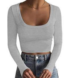 MISSACTIVER Damen Basic Quadratischer Ausschnitt Rippstrick Crop Top Langarm Slim Fit Herbst Casual Crop T-Shirt, GRAU, Klein von MISSACTIVER