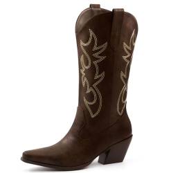 MISSMILLER Cowboystiefel für Damen, mittelhoch, Cowgirl-Stiefel, bestickt, Westernstiefel, spitzer Zehenbereich, klobiger Absatz, Braun-m, 38.5 EU von MISSMILLER