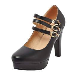 MISSUIT Damen Mary Jane Damenschuhe Blockabsatz Plateau High Heels Pumps Riemchen(Schwarz,37) von MISSUIT