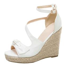 MISSUIT Damen Peeptoe Keilabsatz High Heels Riemchen Sandaletten Plateau Wedge Sandalen Schleife Schuhe(Weiß,38) von MISSUIT