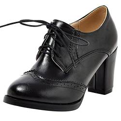 MJIASIAWA Damen Closed Toe Klassischer Schnüren Buro Leisure Blockabsatz Pumps Brogue Business Arbeit Retro Höhe Ferse Pumps Schwarz Gr 39 EU/40 Asiatisch von MJIASIAWA