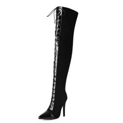 MJIASIAWA Damen Pointed Toe Kleid Schnüren Overknees Boots Wildleder Winter Party Motorcycle Pole Prom Elegant Biker Overknees Stiefel Schwarz-Lack Gr 41 EU/43 Asiatisch von MJIASIAWA