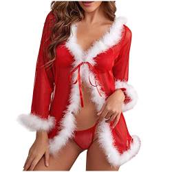 MJIQING Damen Weihnachten Unterwäsche Negligee V-Kragen Babydoll Robe Bandage mit Tanga Weihnachten Frauen Schlafbekleidung Unterwäsche Damen Dessous Set Kleid Spitze Negligee Nachtwäsche von MJIQING