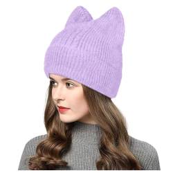 MJIQING Katzenohr Beanie Mütze Damen Strickmütze Fall Winter Mützen Elastisch Mützen Warme Thermo Winddichte Strickmütze Schöne Lustige Wintermützen Haube Teenager Mädchen Skimütze Black Friday von MJIQING