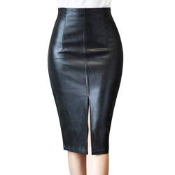 Figurbetonter Rock Taillen Damen Knierock,schmaler Rock Schwarzer Lederrock Damen Rock mit Schlitz High Waist Faux Rock PU Minirock Seitenschlitz Lederoptik Bleistiftrock (Black, M) von MMOOVV