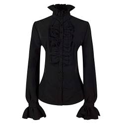 MNRIUOCII Bluse Damen Weiß/Schwarz Viktorianisch Vintage Langarmshirt Mittelalter Bluse BluseRüschenhemd Gothic Kleidung Steampunk Renaissance Hemd Stehkragen Bluse Hoher Ausschnitt Pirat Kostüm von MNRIUOCII