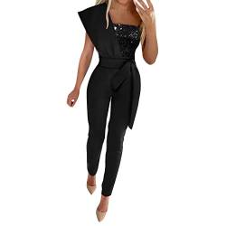 MNRIUOCII Jumpsuit Damen Elegant Kurzarm Rundhals Playsuit mit Gürtel und Tasche Hosenanzug Sommer Lang Breite Weites Bein Overall Romper für Hochzeit Business Festlich von MNRIUOCII