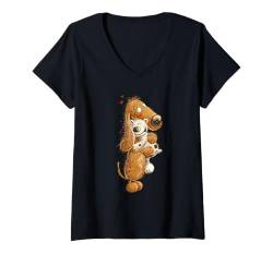 Damen Drolliger Dachshund Knuddelt Kuscheltier Dackel T-Shirt mit V-Ausschnitt von MODARTIS