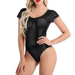 Pailletten Oberteil Damen,Glänzend Lackleder Ballettanzug,Sexy Wetlook Bodysuitd,Metallic-Optik Body Jumpsuit,Lackleder Kurzarm Turnanzug einfarbige Stretch Unterhemd Disco Party Club Kleidung von MONBKLING