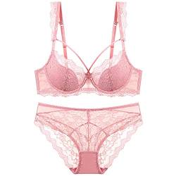 MOONBADI rückenfreier BH Rosa Damen BH Set Spitze BH Und String Abnehmbare Träger Push Up Bügel BH Unterwäsche Lingerie Tanga BH Sets Tshirt BH 85B von MOONBADI