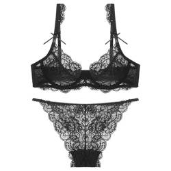 MOONBADI sexy Outfit für Damen Schwarz Damen BH Set Spitze BH Und String Push Up Bügel BH Unterwäsche Lingerie Tanga BH Sets Tshirt BH 95D von MOONBADI