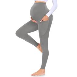 MOREFEEL Damen Umstandsleggings mit Taschen über dem Bauch Schwangerschaft Active Wear Workout Yoga Strumpfhosen Hosen, 06 Grau, X-Groß von MOREFEEL