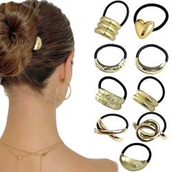 Pony Tails Haarbindungen 9pcs Gold Metall Geometrische Haarbindungen für dicke Haare vielseitige metallische elastische Haarbindungen für Frauen und Mädchen tägliche Arbeit Dating Hair Accessoi von MOUNTTU