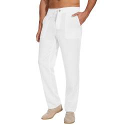 MOVE BEYOND Leinenhose Herren Freizeithose 30''/32''/34''/36'' Lang Leichte Sommer Outfit Stoffhose Weiß 30‘’ von MOVE BEYOND