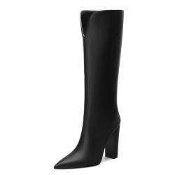 MOVINSTEPS Kniehohe Stiefel mit klobigem Absatz für Damen, spitzer Zehenbereich, lange Stiefel, bequem, klassisch, sexy, hohe Stiefel, Schwarz, 38 EU von MOVINSTEPS