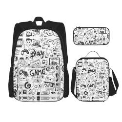 MQGMZ Monochromer Reiserucksack im Skizzen-Stil, Gaming-Druck, 3-teiliges Set, leichte, wasserabweisende Büchertasche, Lunchtasche, Federmäppchen, Schwarz , Einheitsgröße von MQGMZ