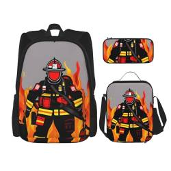 MQGMZ Reise-Rucksack mit Feuerwehrmann-Motiv, leicht, wasserabweisend, Büchertasche, Lunch-Tasche, Federmäppchen, 3-teiliges Set, Schwarz , Einheitsgröße von MQGMZ