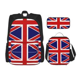 MQGMZ Reiserucksack mit englischer Flagge, 3-teiliges Set, leicht, wasserabweisend, Büchertasche, Lunch-Tasche, Federmäppchen, Schwarz , Einheitsgröße von MQGMZ