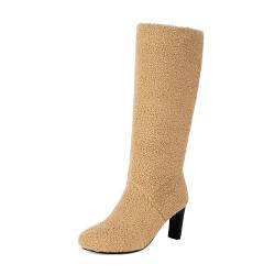 MRKEWUNEY Casual Damens Chunky Low Heel Knee Hohe Stiefel Runde Zehen Warm Gefüttert Fell Lined Stiefel Pull On Block Heel Hohe Stiefel Wide Calf Snow Boot Camel Size 37 von MRKEWUNEY